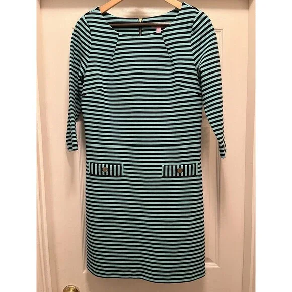 Lilly Pulitzer Charlene Navy Aqua Blue Stripes Dress Gold Buttons Sz M Jackie-O - Picture 3 of 16